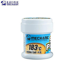 MECHANIC XG50 SPECIAL SOLDER PASTE 35GRAM - small white cylindrical jar with a blue label featuring the Mechanic logo, 183°c text, and Chinese characters, capped with a white screw-on lid.