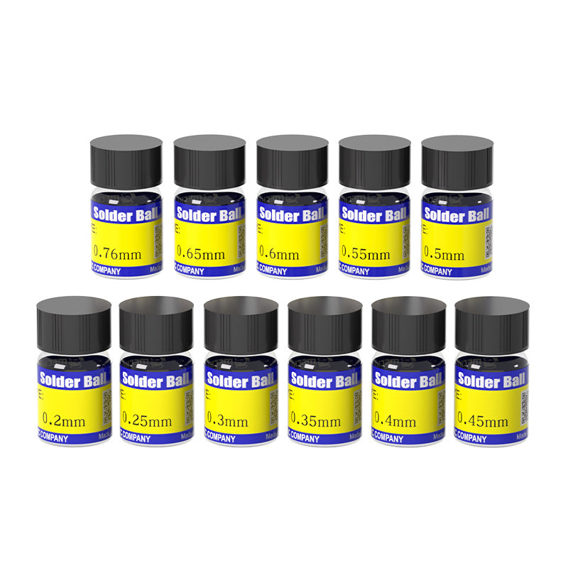 MECHANIC XZ10 (0.2mm) SOLDER BALL - eleven small, cylindrical glass bottles with black screw-on caps, each featuring a yellow and blue label reading "Solder Ball" and various mm measurements.