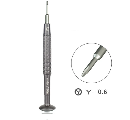 MECHANIC Y0.6 SCREWDRIVER (iMini) - grey precision screwdriver with a knurled handle, marked with "mechanic iMini" text, featuring a tri-point tip and a flat rotating cap at the base.