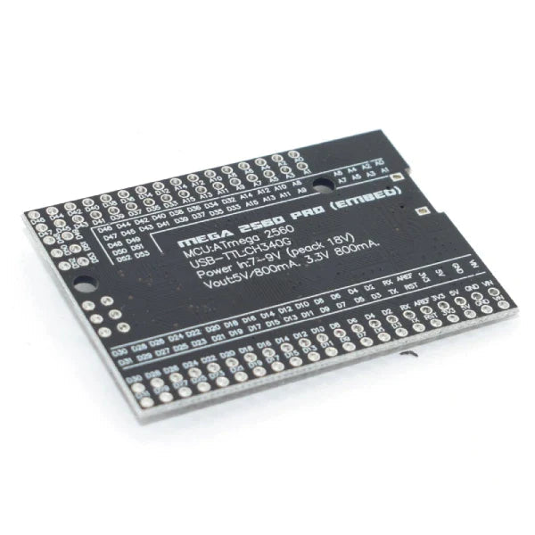 Mega 2560 Pro Mini Embed CH340G Atmega 2560-16A With Male Pin Headers - a black rectangular microcontroller board with rows of pin header holes and printed white labels.