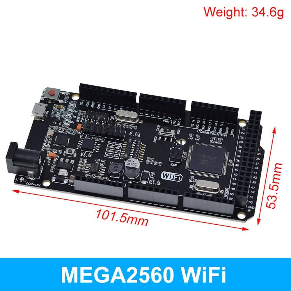 MEGA2560 + WiFi R3 ATMEGA2560 With ESP8266 (32MB Memory) – All-in-one Development Board - a black rectangular circuit board with a DC power jack, USB port, pin headers, and dimension labels 101.5mm x 53.5mm.