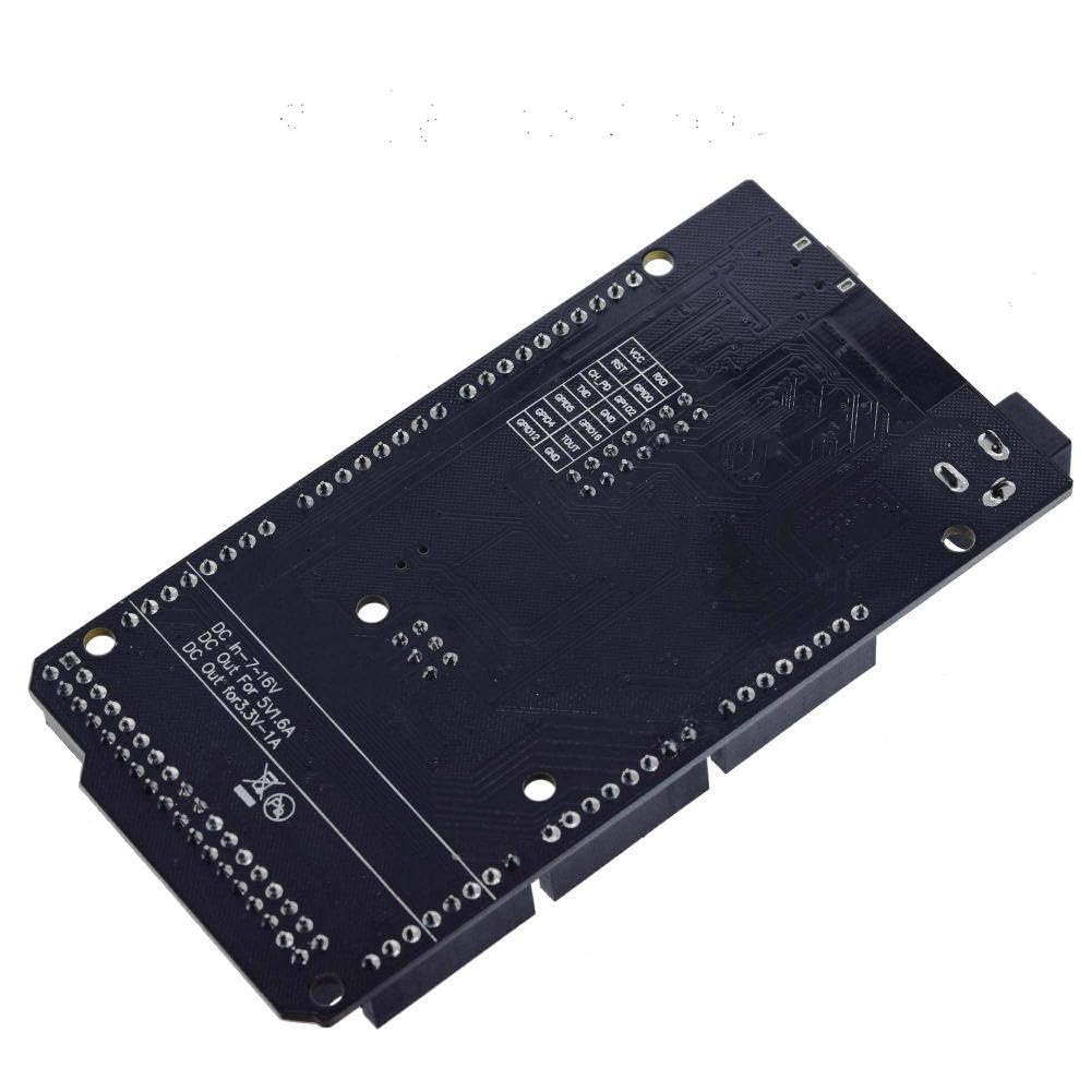 MEGA2560 + WiFi R3 ATMEGA2560 With ESP8266 (32MB Memory) – All-in-one Development Board - shown from the underside, featuring a black PCB with pin headers and printed text.