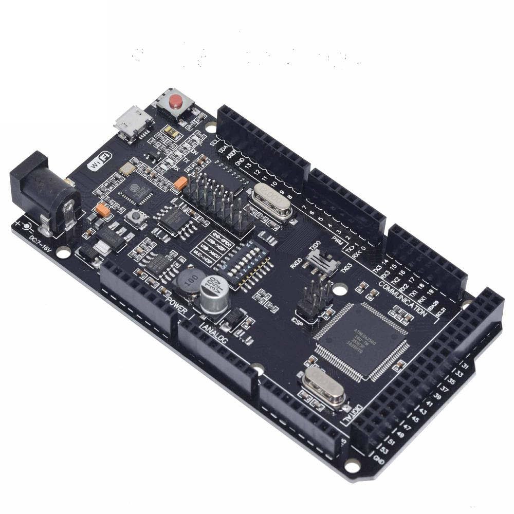 MEGA2560 + WiFi R3 ATMEGA2560 With ESP8266 (32MB Memory) – All-in-one Development Board - black rectangular circuit board with a USB port, power jack, and numerous pin headers.