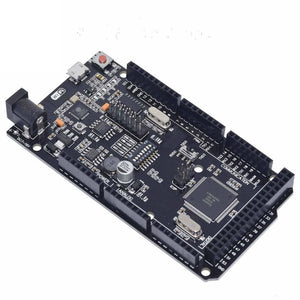 MEGA2560 + WiFi R3 ATMEGA2560 With ESP8266 (32MB Memory) – All-in-one Development Board - black rectangular circuit board with a USB port, power jack, and numerous pin headers.