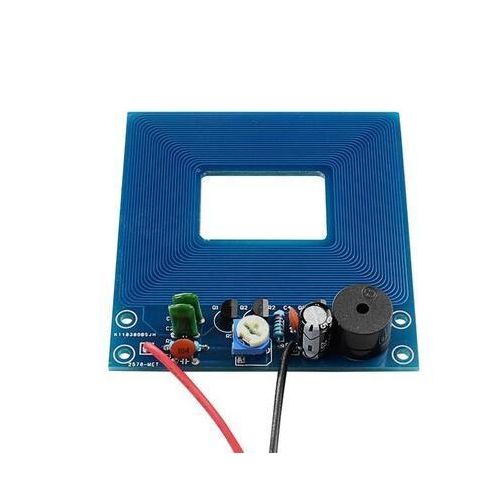 Metal detector non-contact metal induction detection module - a blue square circuit board with an integrated coil, a buzzer, and a potentiometer.