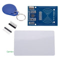 MFRC522 RC522 RFID Card Reader Writer Module - a blue circuit board, a white plastic card, a blue key fob, and two sets of header pins.
