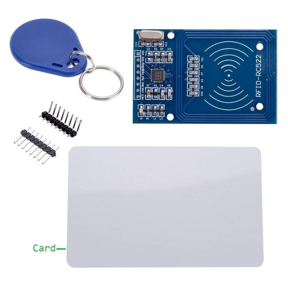 MFRC522 RC522 RFID Card Reader Writer Module - a blue circuit board, a white plastic card, a blue key fob, and two sets of header pins.