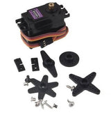 MG996R 180 Degree Metal Gear Servo Motor (plastic Gear) - with a black plastic body, a three-pin connector, and various black plastic servo horns and mounting screws laid out on a white surface.