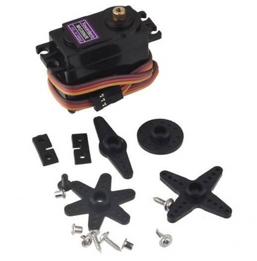 MG996R 180 Degree Metal Gear Servo Motor (plastic Gear) - with a black plastic body, a three-pin connector, and various black plastic servo horns and mounting screws laid out on a white surface.