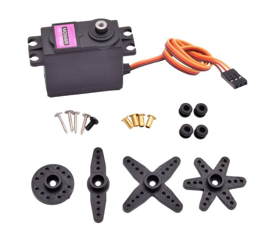 MG996R 180 Degree Metal Gear Servo Motor (plastic Gear) - shown with its included black plastic servo horns, brass eyelets, rubber grommets, and mounting screws laid out on a white background.