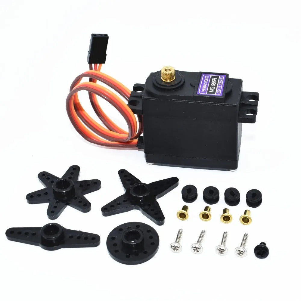 MG996R Metal Gear Servo Motor 180 Degree Servo Motor For Arduino(metal Gear) - a black servo with a three-pin connector cable, four plastic horns, four rubber grommets, and mounting hardware.