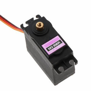 MG996R Metal Gear Servo Motor 180 Degree Servo Motor For Arduino(metal Gear) - a black rectangular motor with a brass-colored gear on top and a pink label reading MG 996R attached to its side.