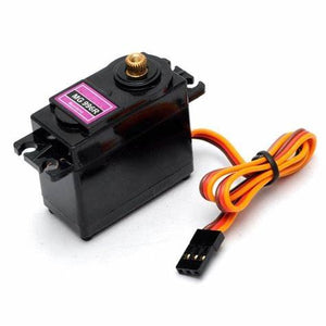 MG996R Metal Gear Servo Motor 180 Degree Servo Motor For Arduino(metal Gear) - a black rectangular motor with a gold-coloured gear output shaft and a three-pin connector attached by a ribbon cable.