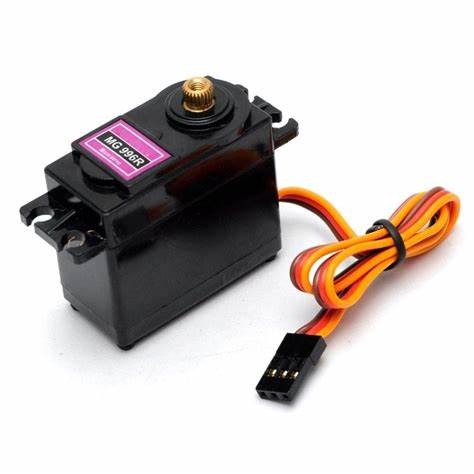 MG996R Metal Gear Servo Motor 180 Degree Servo Motor For Arduino(metal Gear) - a black rectangular motor with a gold-coloured gear output shaft and a three-pin connector attached by a ribbon cable.