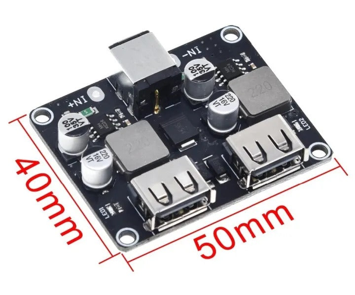 MH-KC24 2-channel DC-DC Buck Converter With QC3.0 Fast Charging - 6-32V To 3V/5V/9V/12V/24V - a black rectangular circuit board with a DC power jack, two USB ports, capacitors, and dimension labels.