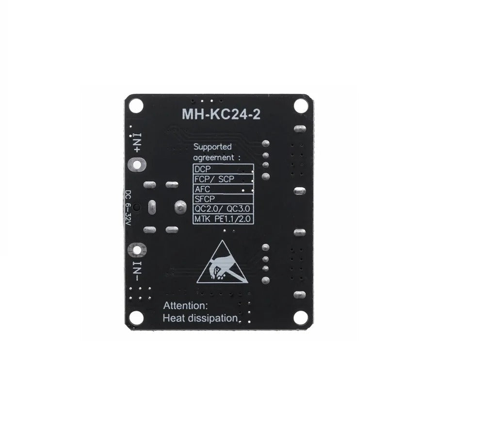 MH-KC24 2-channel DC-DC Buck Converter With QC3.0 Fast Charging - 6-32V To 3V/5V/9V/12V/24V - the black top side of the circuit board with input terminals, mounting holes, and a list of supported protocols.