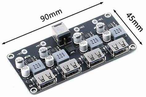 MH-KC24 4-channel DC-DC Buck Converter With QC3.0 Fast Charging - 6-32V To 3V/5V/9V/12V/24V - a black rectangular circuit board with a DC power jack, four USB ports, capacitors, and inductors.