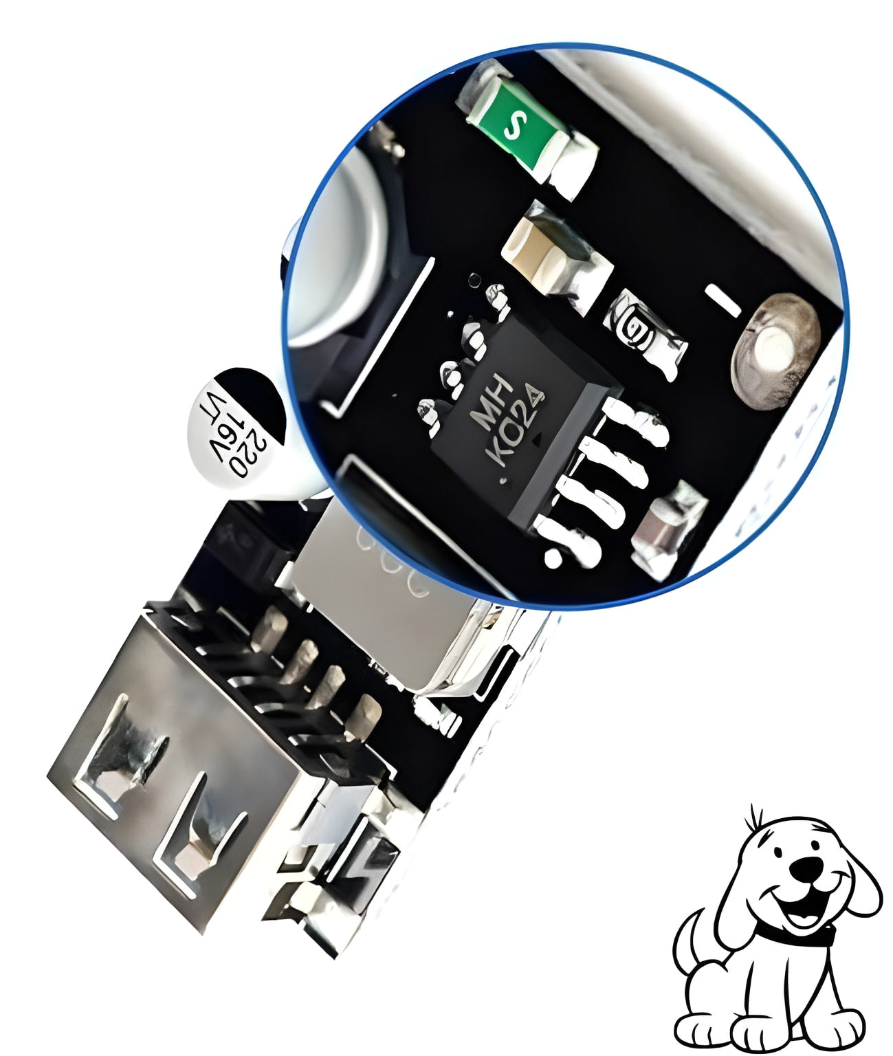 MH-KC24 QC3.0 QC2.0 USB Quick Charging Board Module DC To DC Buck Converter - a black circuit board with a USB port, a 220uF 16V capacitor, and a close-up circular inset of the chip.