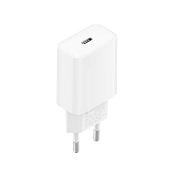 Mi Type C Charger 20W - a white, rectangular wall adapter with a single USB-C port on top and two round prongs at the bottom.