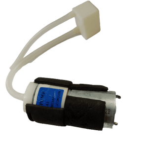 Micro Air Pump - with a silver cylindrical motor, black foam padding, white plastic pump head, and two clear tubes connected to a small white block.