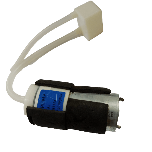 Micro Air Pump - with a silver cylindrical motor, black foam padding, white plastic pump head, and two clear tubes connected to a small white block.