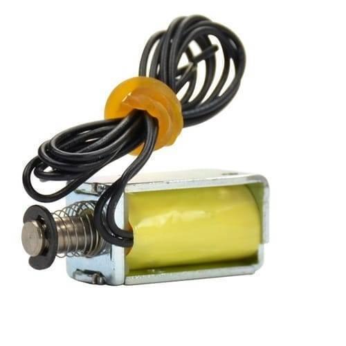 Micro Electromagnet Dc9v 1.5W 4mm Stroke Through Push Pull Type Solenoid Electromagnet - a yellow cylindrical coil inside a metal frame with a spring-loaded plunger and black wire leads.
