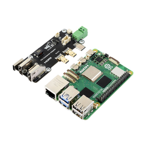 Micro HDMI To HDMI Multifunctional Adapter For Raspberry Pi 5/4b - Dual 4k Output - a black adapter board with HDMI ports next to a green Raspberry Pi 5 circuit board.