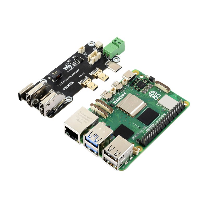 Micro HDMI To HDMI Multifunctional Adapter For Raspberry Pi 5/4b - Dual 4k Output - a black adapter board with HDMI ports next to a green Raspberry Pi 5 circuit board.