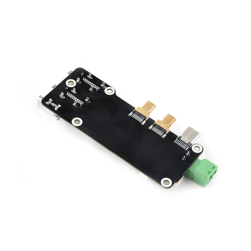 Micro HDMI To HDMI Multifunctional Adapter For Raspberry Pi 5/4b - Dual 4k Output - a black circuit board with three USB-C ports and a green terminal.