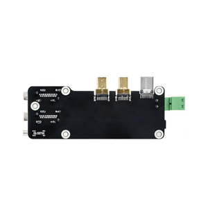 Micro HDMI To HDMI Multifunctional Adapter For Raspberry Pi 5/4b - Dual 4k Output - a black circuit board with two gold-colored Micro HDMI ports, one USB-C port, and a green terminal block.