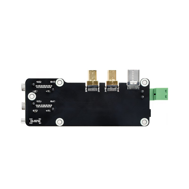 Micro HDMI To HDMI Multifunctional Adapter For Raspberry Pi 5/4b - Dual 4k Output - a black circuit board with two gold-colored Micro HDMI ports, one USB-C port, and a green terminal block.