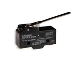 Micro Limit Switch Z-15GW-B - a black rectangular electrical switch with a long metal hinge lever actuator and a visible spring.