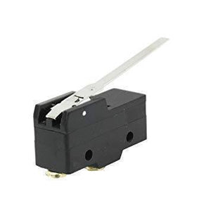 Micro Limit Switch Z-15GW-B - a black rectangular switch featuring a long, flat metal lever arm and two brass-coloured screw terminals at the base.