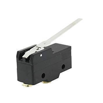 Micro Limit Switch Z-15GW-B - a black rectangular switch featuring a long, flat metal lever arm and two brass-coloured screw terminals at the base.