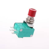 Micro Push Button Limit Switch With 2 Switches Fitting - a green rectangular switch body with a red button and three metal terminals on the side.