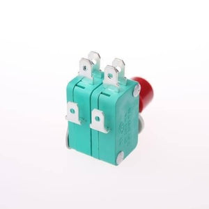 Micro Push Button Limit Switch With 2 Switches Fitting - two joined teal-coloured micro switches with four metal terminals and a red push button.
