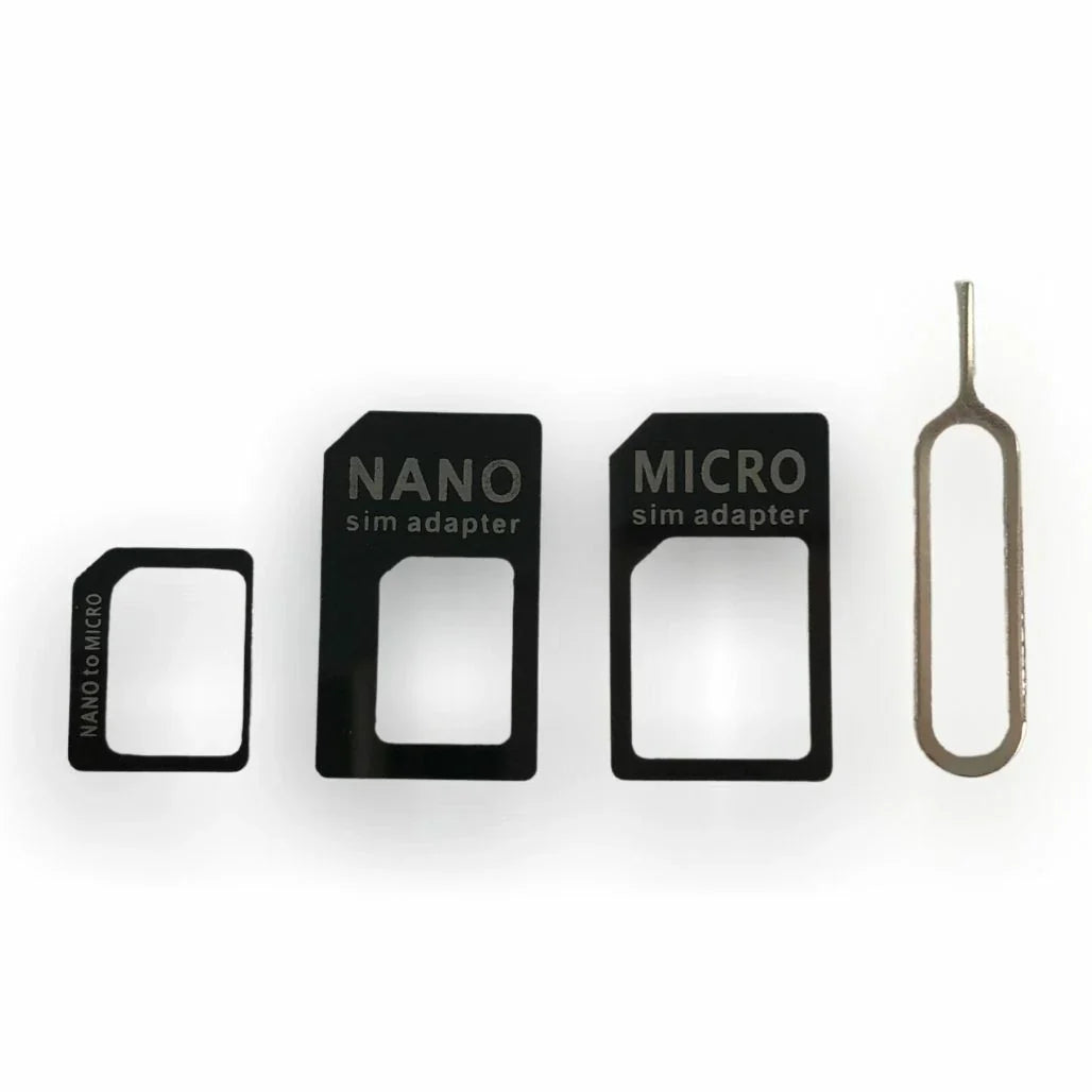 Micro SIM Jacket Nano SIM Jacket Nano SIM Adopter One Nano SIM Card In All Mobile Devices - and Nano SIM adapter kit showing three black plastic SIM card adapters and one metal SIM ejector tool on a white background.