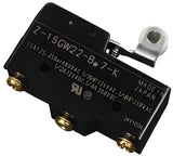 Micro Switch - Z-15GW22-B 7-K, a black rectangular electrical switch with a metal roller lever actuator and three gold-colored screw terminals.