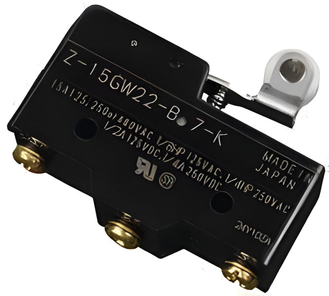 Micro Switch - Z-15GW22-B 7-K, a black rectangular electrical switch with a metal roller lever actuator and three gold-colored screw terminals.