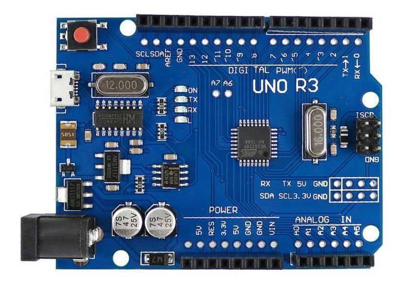 Micro USB Arduino Uno R3 - a blue rectangular microcontroller board featuring a micro USB port, a DC power jack, a reset button, and various pin headers.