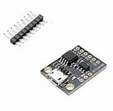 Micro USB Digispark ATTINY85 Mini USB Development Board - with a black circuit board, a micro USB port, and a separate row of header pins.