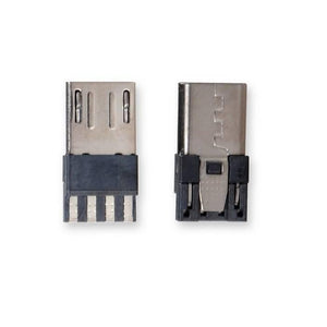 Micro USB Male Port Connector 4 Pins Straight Jack Solder Replacement Adapter - two silver and black metal connectors from front and back views.