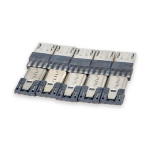 Micro USB Male Port Connector 4 Pins Straight Jack Solder Replacement Adapter - a close-up shot of five silver and black micro USB connectors.
