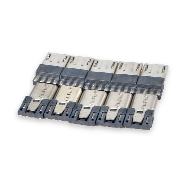 Micro USB Male Port Connector 4 Pins Straight Jack Solder Replacement Adapter - a close-up shot of five silver and black micro USB connectors.