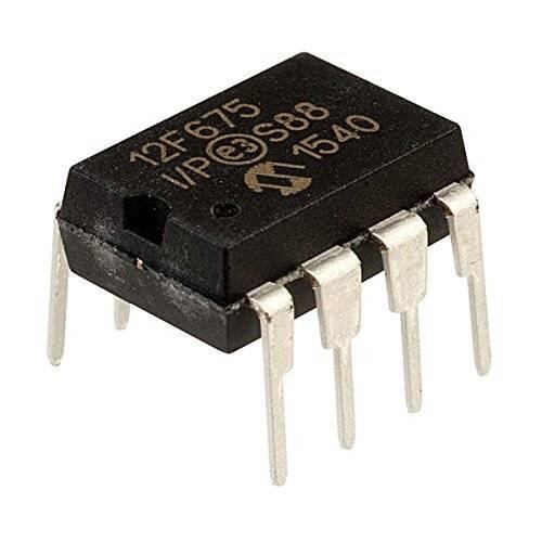Microchip PIC12F675-I/P Microcontroller - a black 8-pin dual in-line package integrated circuit with white text printed on the top surface.
