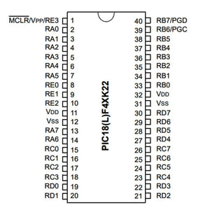Microchip PIC18F46K22 Microcontroller 18F452 (40-pin DIP) Pic Microcontroller DIP - PIC18F452 microcontroller: a black and white pinout diagram showing the 40-pin layout and labels for the PIC18(L)F4XK22 integrated circuit.