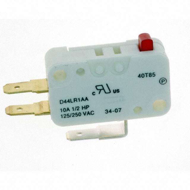 Microswitch E-switch Lever Switch Limit Switch - a white rectangular switch with a red button, three metal terminals, and printed technical specifications.