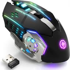 microware 2.4GHz Rechargeable Wireless Gaming Mouse, professional Gaming Mouse Wireless Optical Gaming Mouse (2.4GHz Wireless, Black) - ergonomic mouse with RGB lighting and a separate small USB wireless receiver.