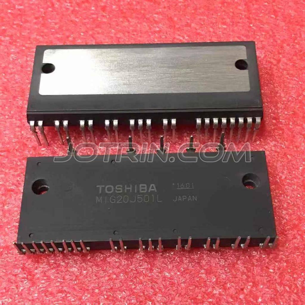 MIG20J501L IGBT Module Toshiba - shown as two identical black rectangular electronic components with metal heat sinks and multiple pins on a red surface.