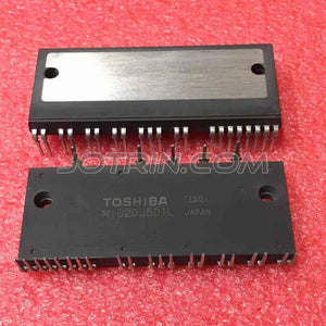 MIG20J501L IGBT Module Toshiba - shown as two identical black rectangular electronic components with metal heat sinks and multiple pins on a red surface.